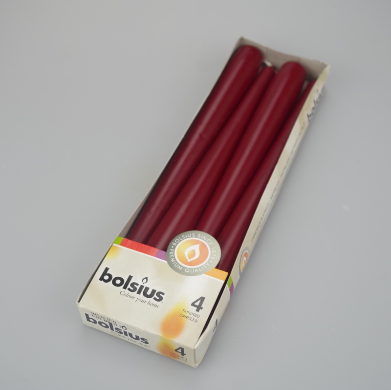 Pack of 4 Wine Red taper dinner candles Justcandles.co.uk